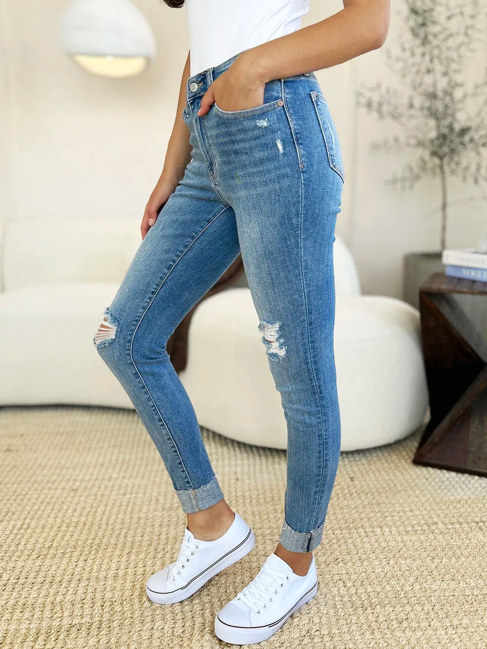 Judy Blue Full Size Mid Rise Destroy & Cuff Skinny Jeans - Velora