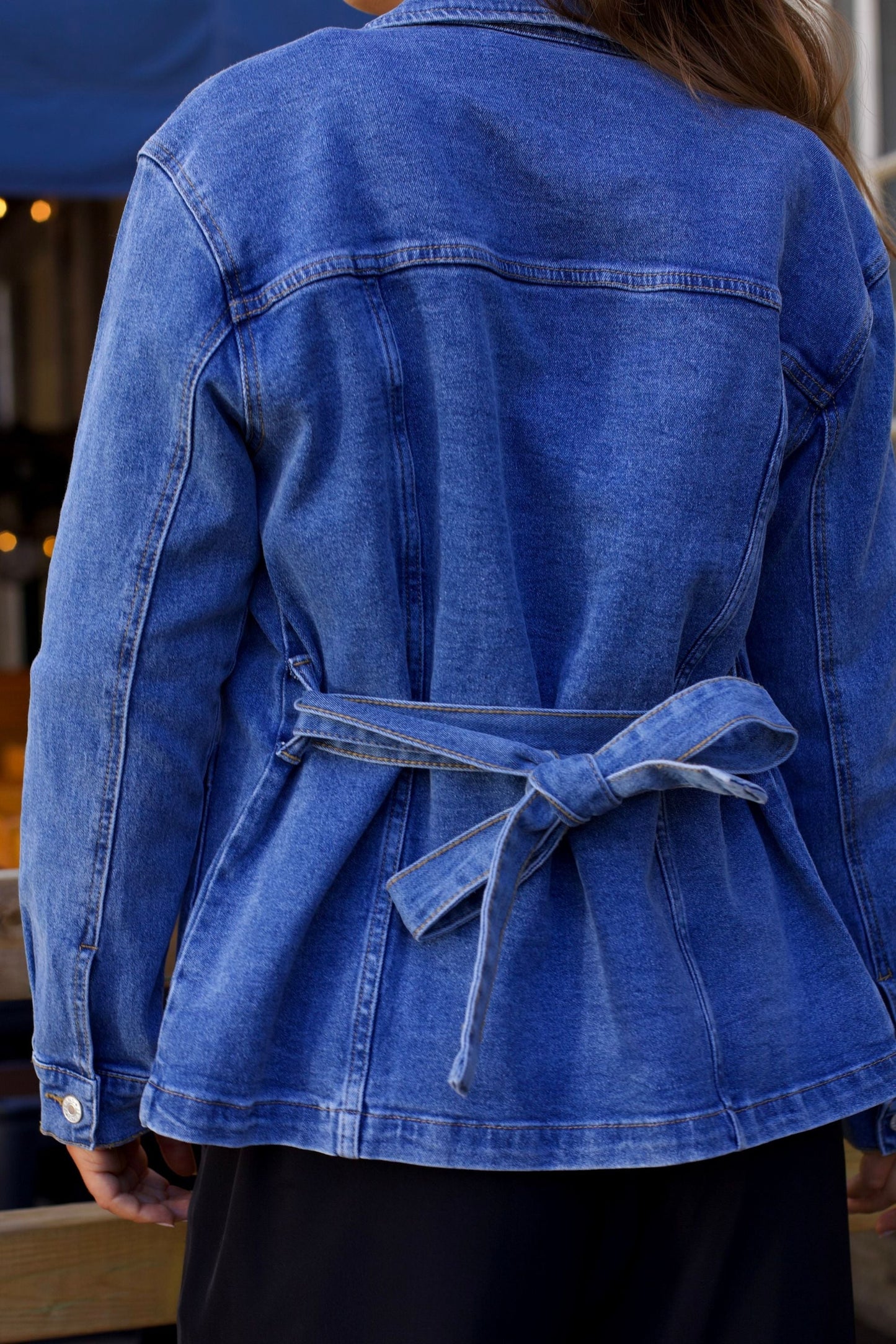 Sabrina Women's Belted Jean Jacquard Jacket With Pockets - Velora Luxury Fashion