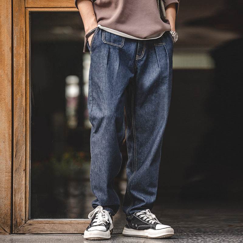 Vintage Denim Washed Elastic Waist Loose Jeans Cityboy Wide Leg Tapered Pants Men - Velora
