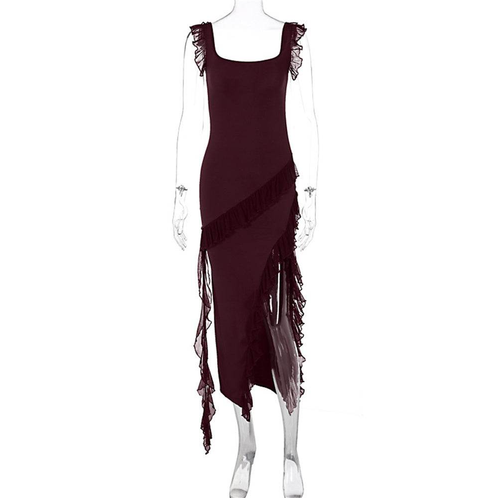 Ruffle Thigh High Split Dress Women Sexy Spaghetti Strap Square Neck Backless Suspender Dresses For Evening Praty Clothing - Velora