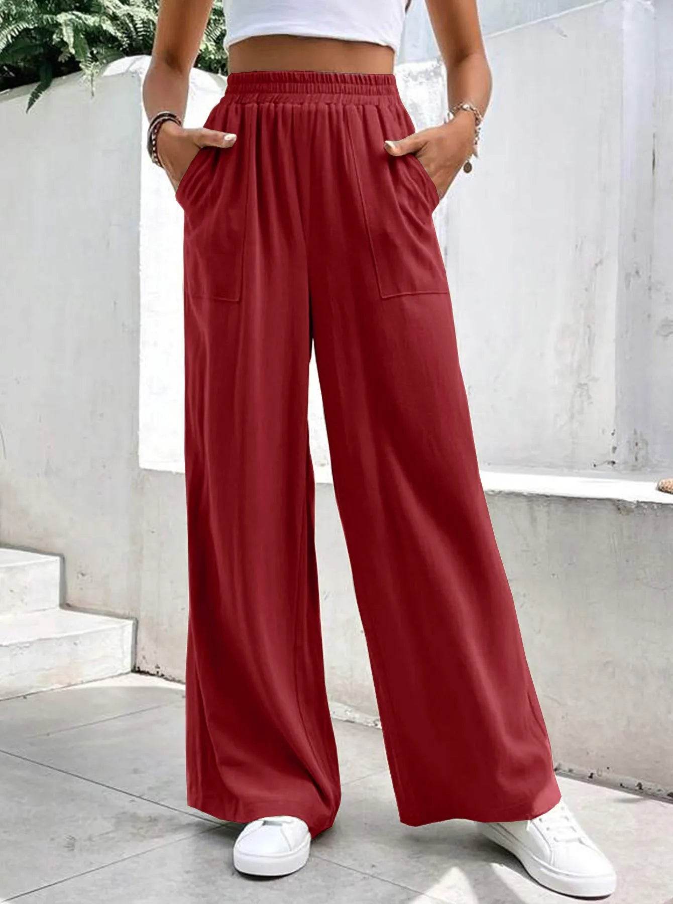 Women Middle-waisted Straight-leg Pants Loose Sports Pocket Casual Trousers - Velora