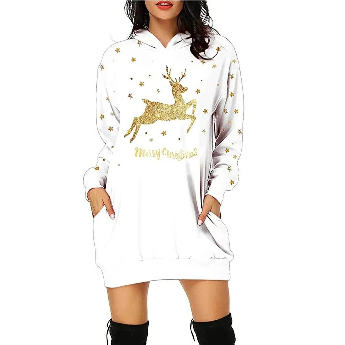 Christmas hot sale printed mid-length pocket hooded long-sleeved sweater - Velora
