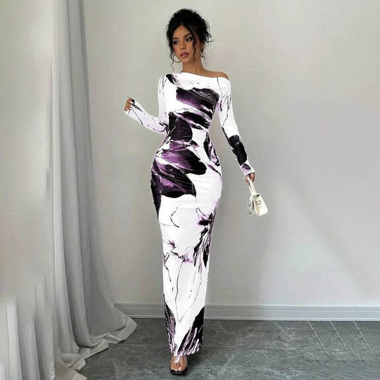 Elegant Long Sleeve Off-Shoulder Tie-Dye Floral Bodycon Dress Stretchy Season Party & Casual Dress - Velora