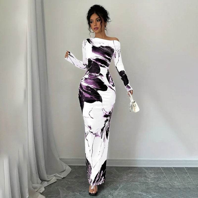Elegant Long Sleeve Off-Shoulder Tie-Dye Floral Bodycon Dress Stretchy Season Party & Casual Dress - Velora