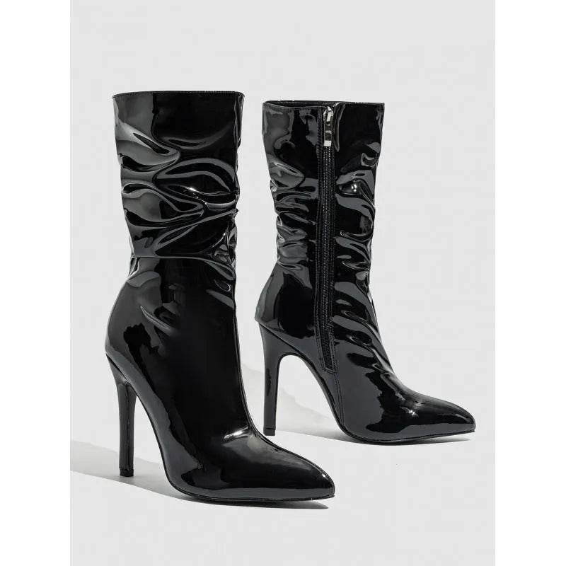 Patent Leather High Heel Pointed Stiletto Heel Pile Style Boots - Velora