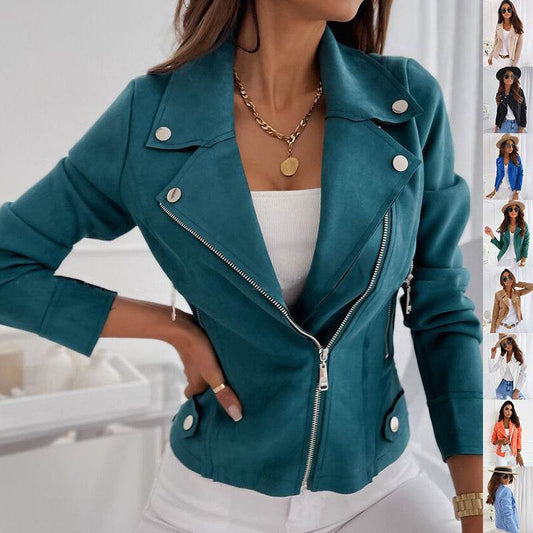 Zip-up Lapel Jacket With Pockets Ins Fashion Long Sleeve Short Tops Women's Clothing - Velora
