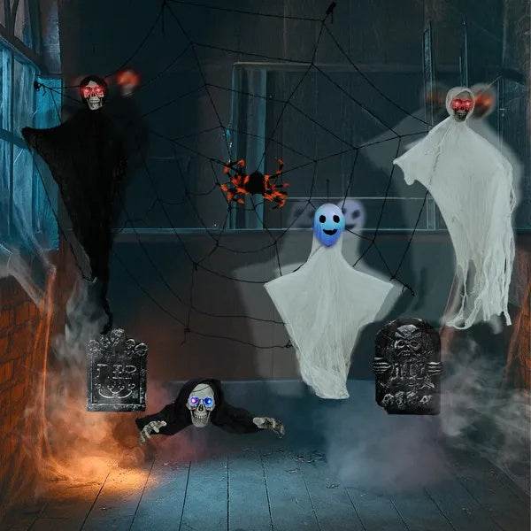 Outdoor Halloween Decorations 8-Piece Set, Hanging Ghosts Decor And Cobweb And Gravestone With Lighted Up Eyes, Scary Swinging Ghost Flying For Yard Patio Lawn Garden - Velora