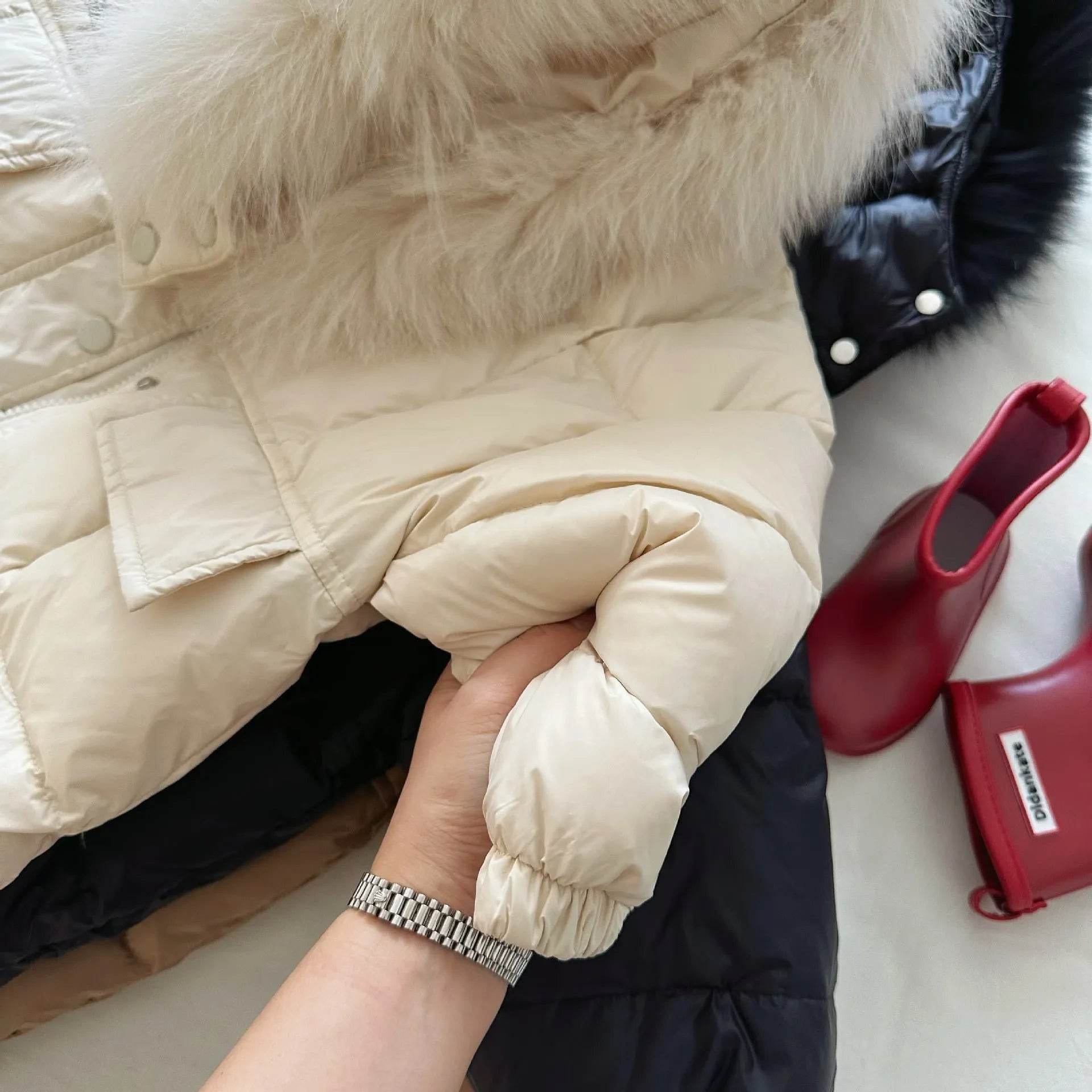 Solid Color Fur Collar Down Jacket Baby Long Section - Velora