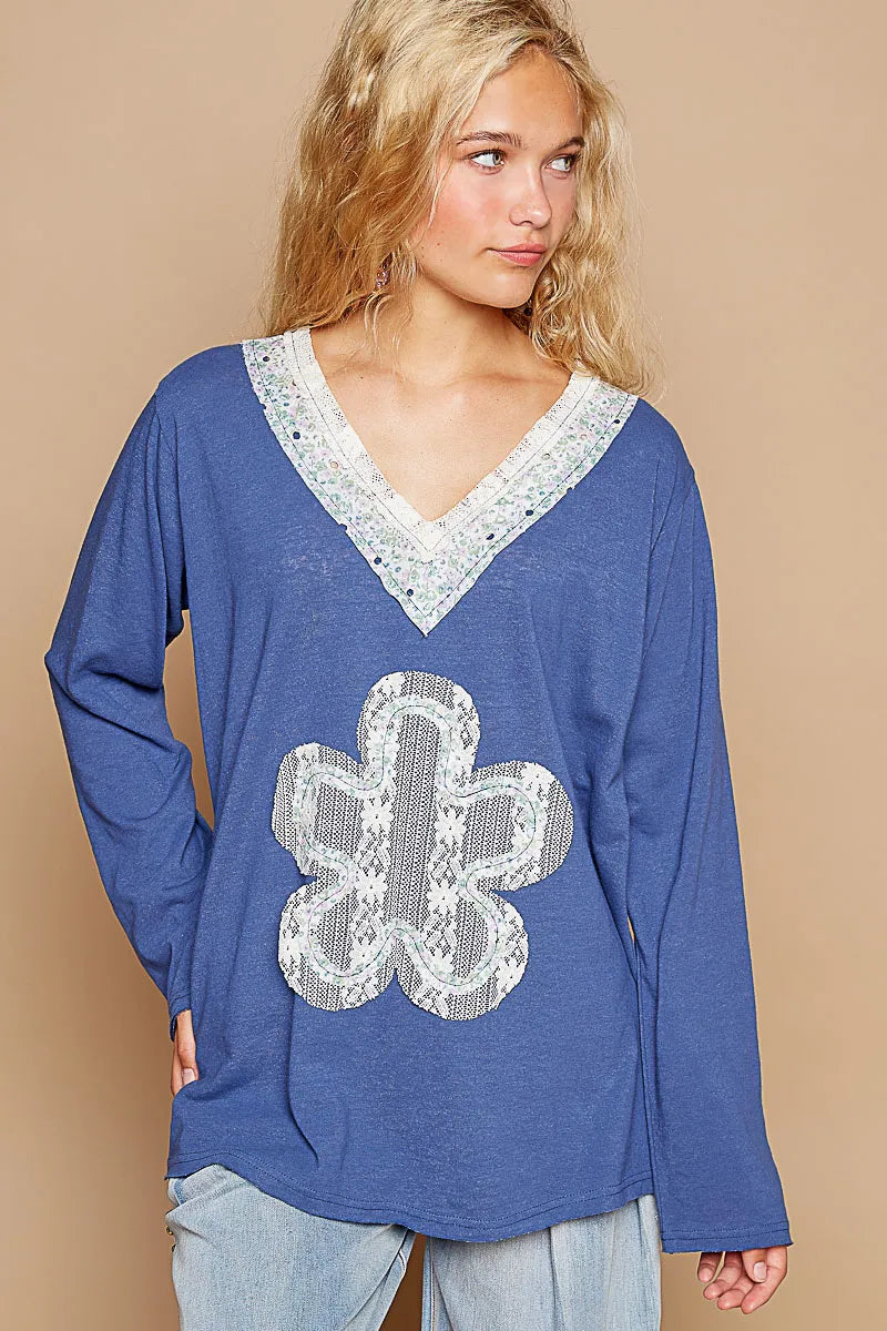POL Lace Flower Patch Long Sleeve T-Shirt - Velora
