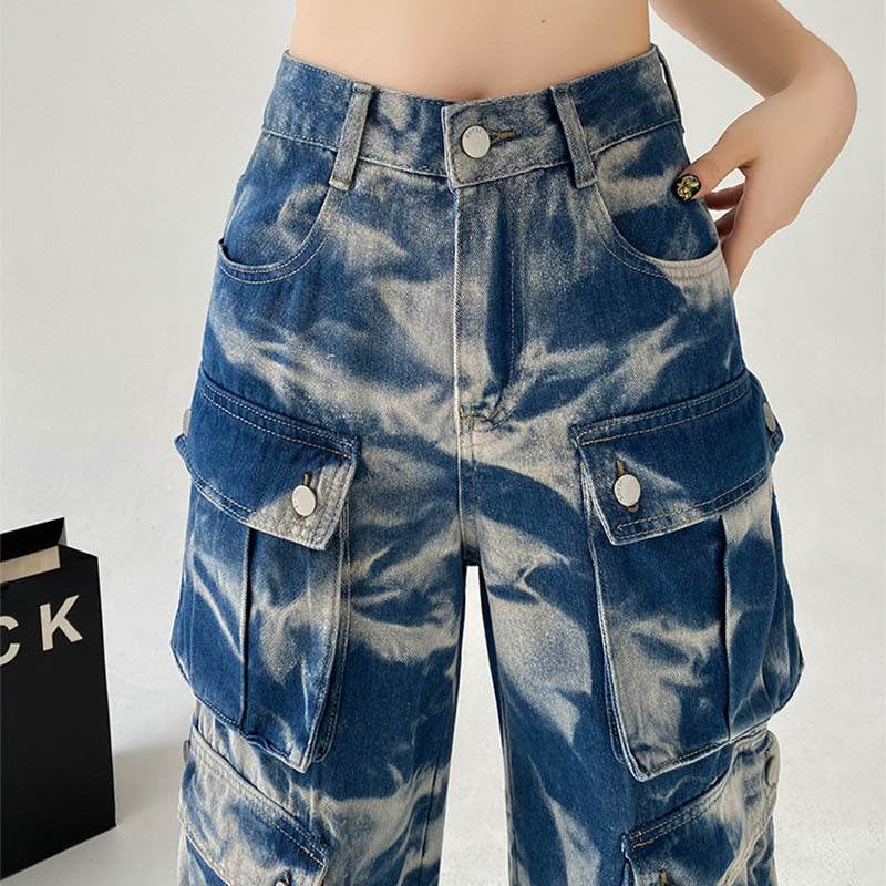 New Tie-dye Baggy CargoTrousers With Pockets Y2K Fashion High Waist Loose Wide Leg Pants Spring And Autumn - Velora