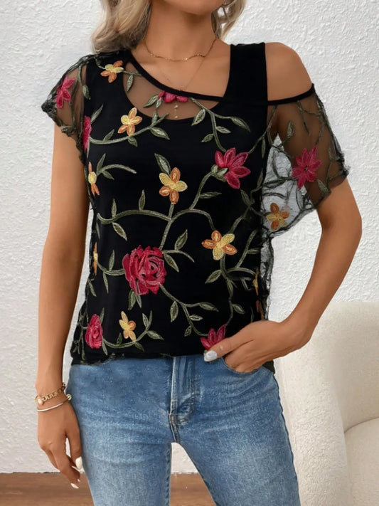 Floral Short Sleeve Sheer Top - Velora