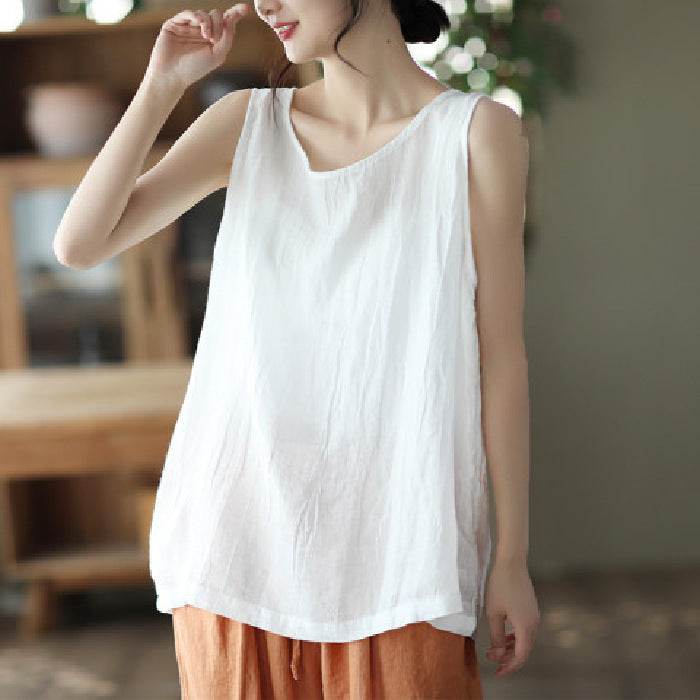 Casual Cotton And Linen Art Solid Color Loose-fitting Versatile summer blouse Top For Women - Velora