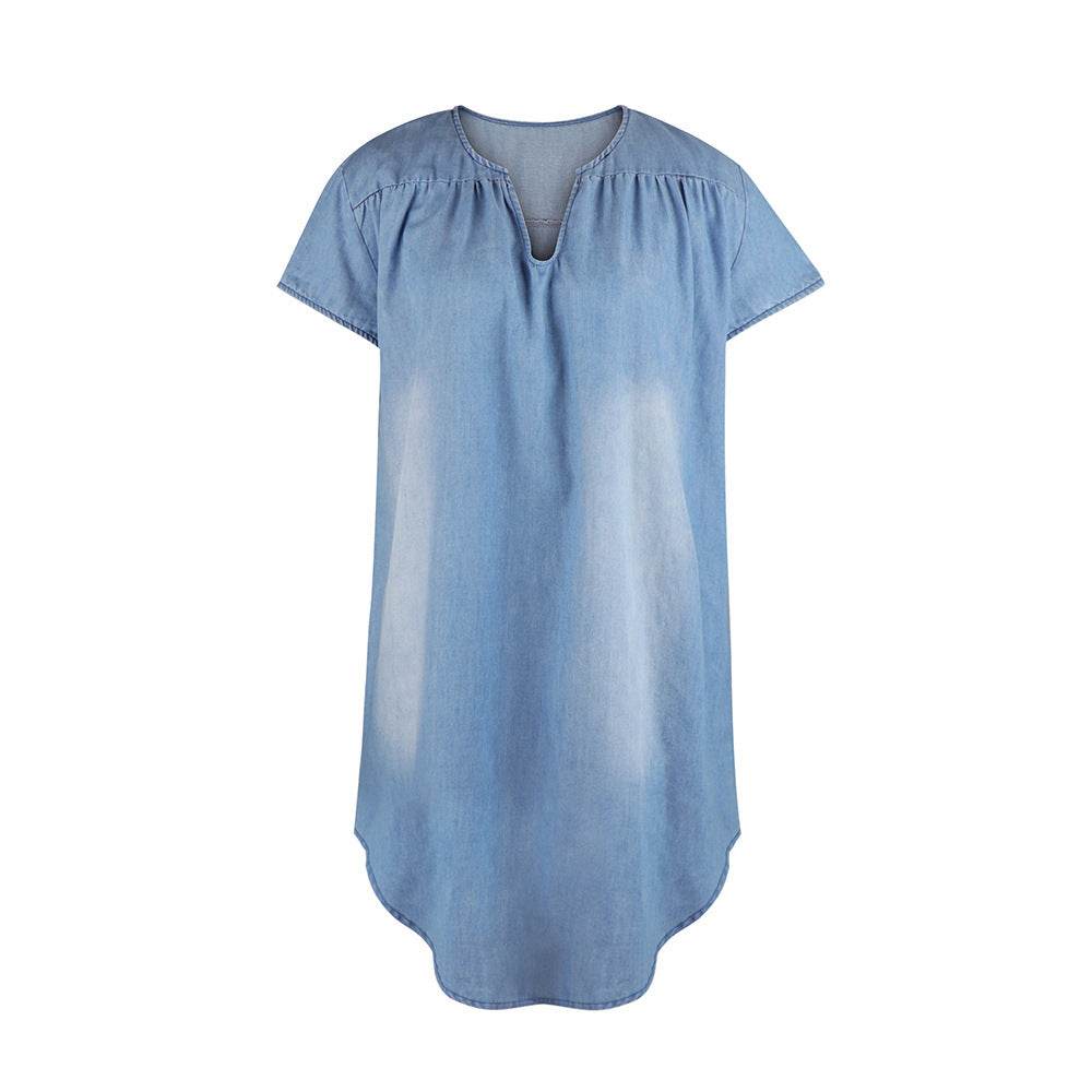 Round Neck Pleated Loose Solid Color Casual Plus Size Denim Dress - Velora