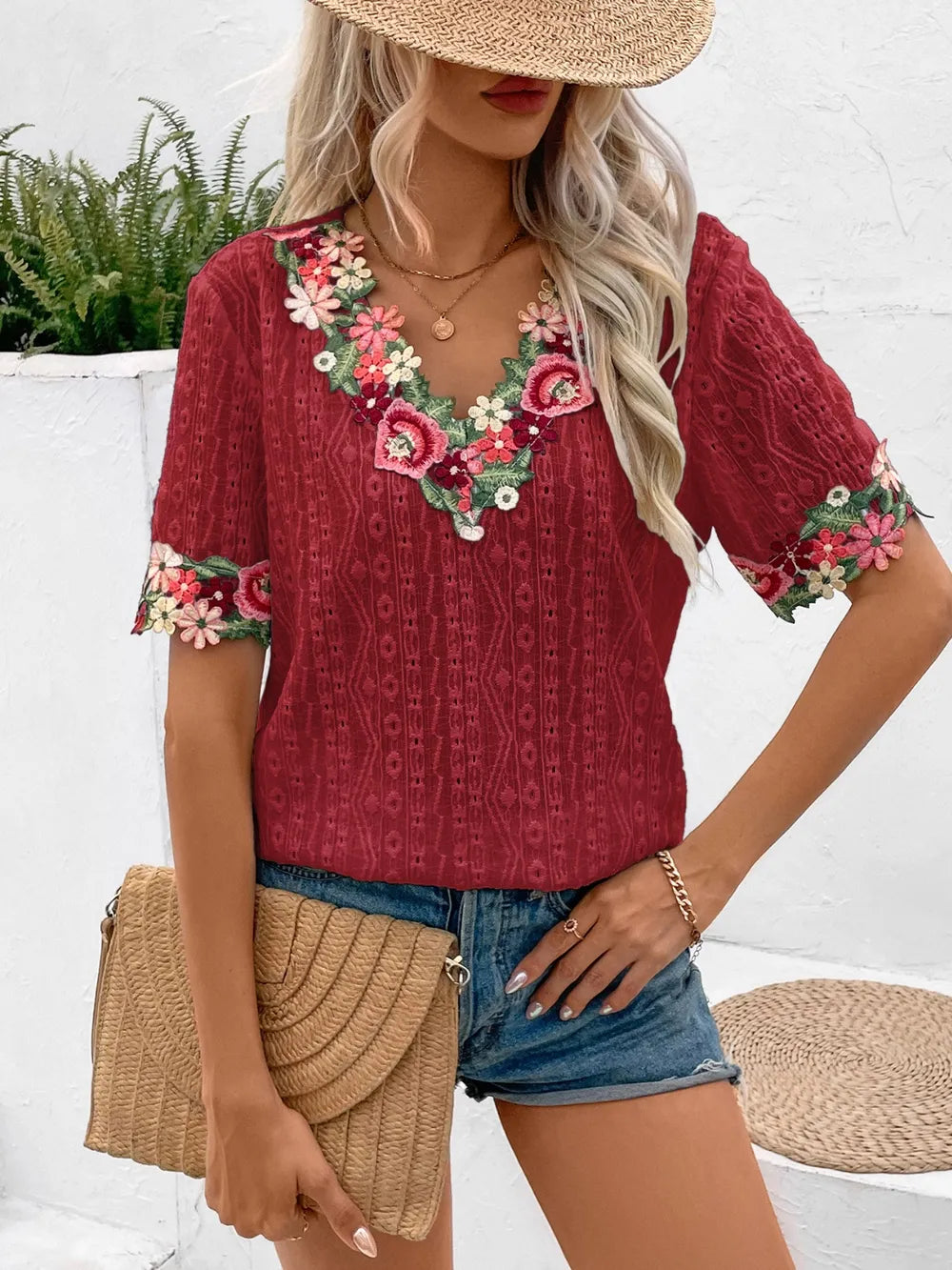 Ivy Lane Eyelet Embroidered V-Neck Short Sleeve Blouse - Velora