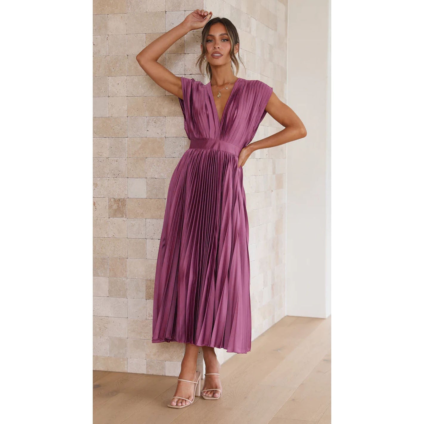 Women's V-Neck Pleated Midi Dress – Sleeveless Zip Casual Summer Dress