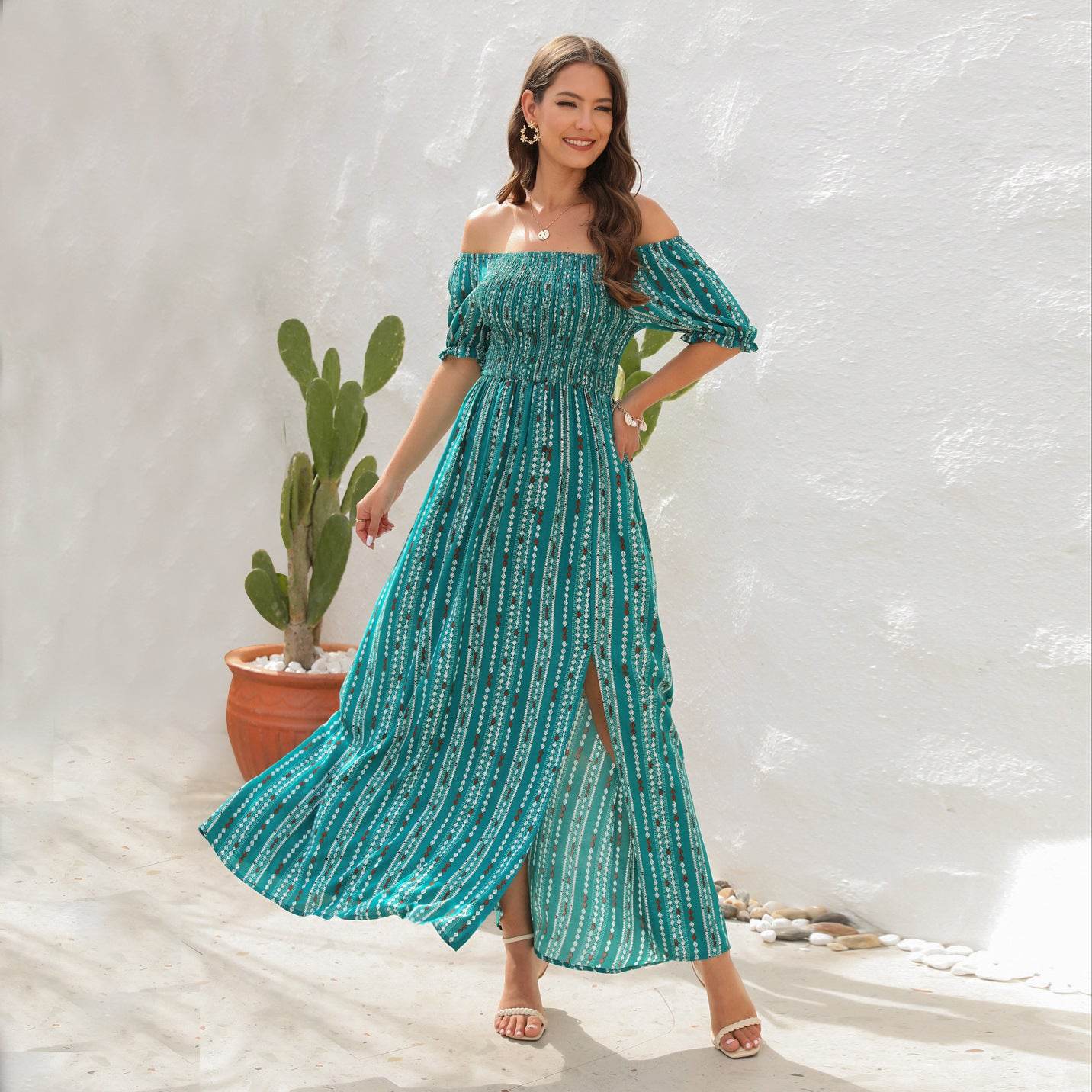 Elegant Off shoulder Spring Summer Maxi dress Slit Chiffon maxi dress for Beach vacation resort travel - Velora