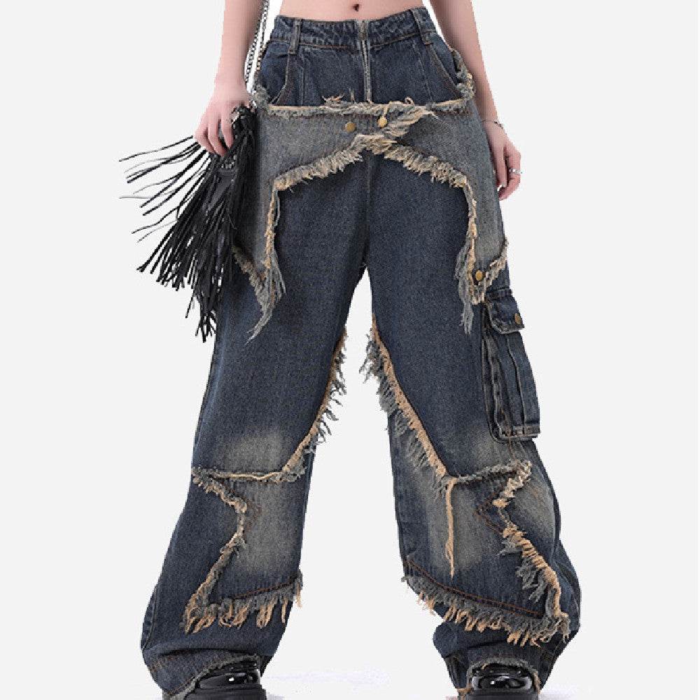 Distressed Denim Pant for women Oversized Streetstyle Patch Cargo Jeans Pant - Velora