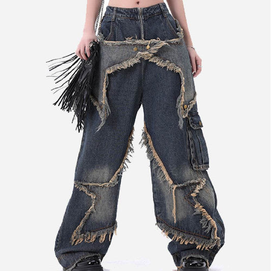 Distressed Denim Pant for women Oversized Streetstyle Patch Cargo Jeans Pant - Velora