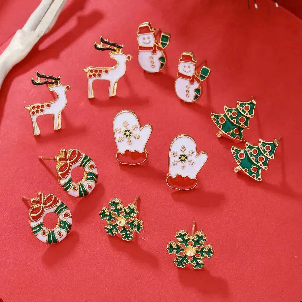 Christmas Stud Combination Suit Snowflake Elk Earrings - Velora
