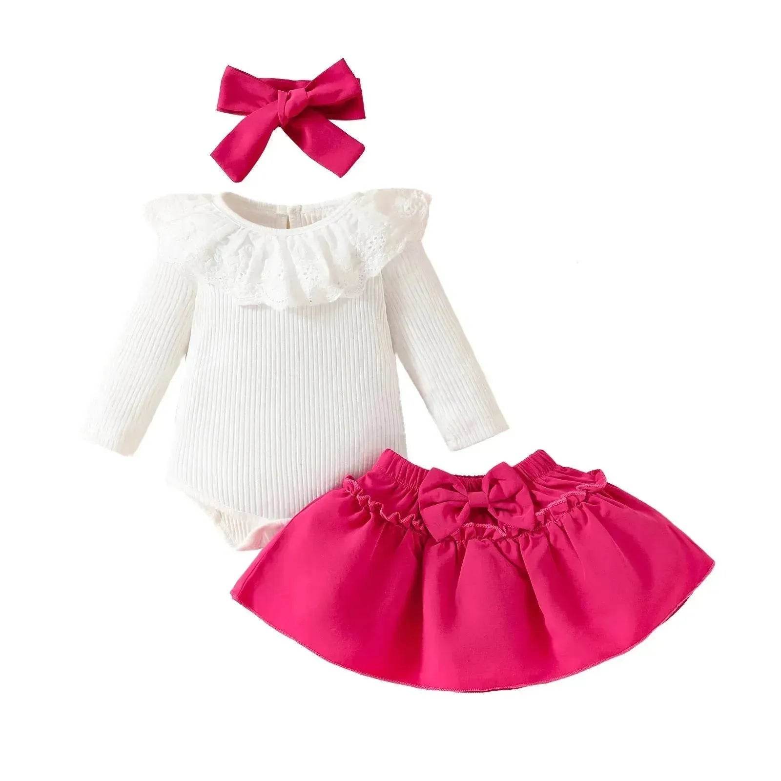 Two piece Baby Girl Lace Ruffles Long-sleeve romper Bow Skirt Hair Bowtie Band baby girl outwear - Velora