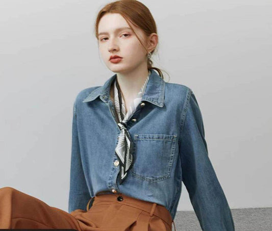 Blue Soft Denim Shirt Jacket Women's Long Sleeve Bandage Denim Dress Top - Velora