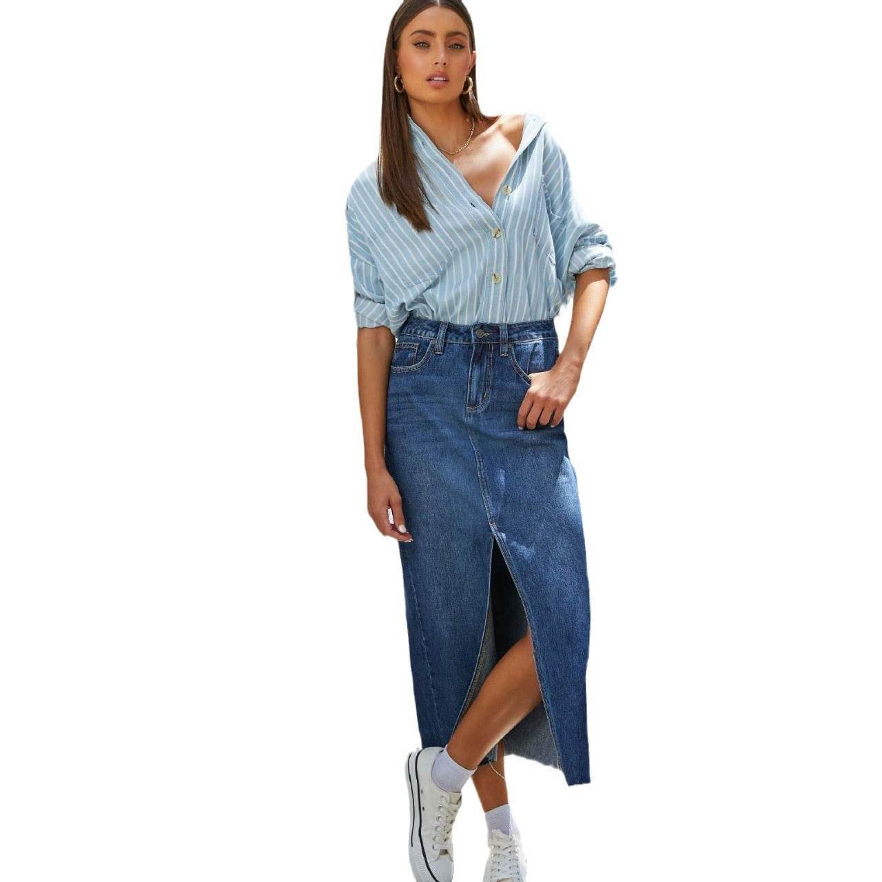 Women's Fashion Slimming front split Midi Denim Skirt - Velora