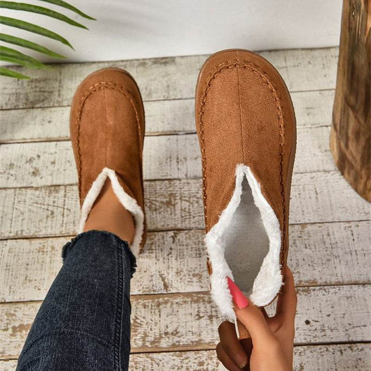 Fashion V-cut Plush Ankle Boots Winter Plus Velvet Flat Snow Boot Casual Warm Solid Suede Cotton Shoes For Women - Velora