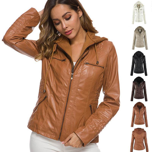 Fashion Detachable Hooded Jacket With Pockets Casual Solid Color Zipper Long Sleeve Leather Coat Autumn Winter Women's Clothing - Velora
