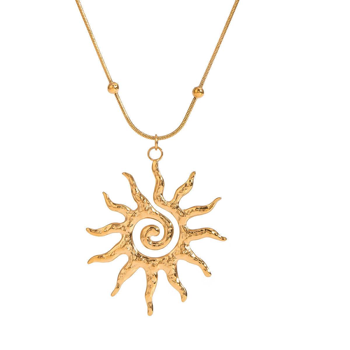 Stainless Steel Necklace - Hammered Spiral Sun Pendant Necklace - Velora