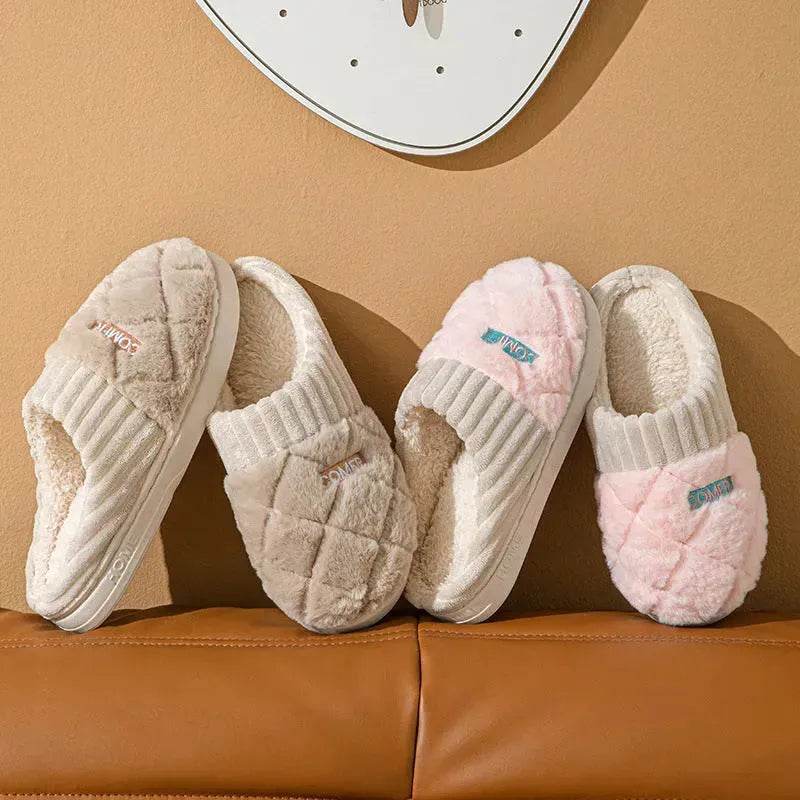 Solid Rhombic Letter Home Slippers Winter Warm Non-slip Floor Bedroom Plush Slipper For Couple House Shoes Women Men - Velora
