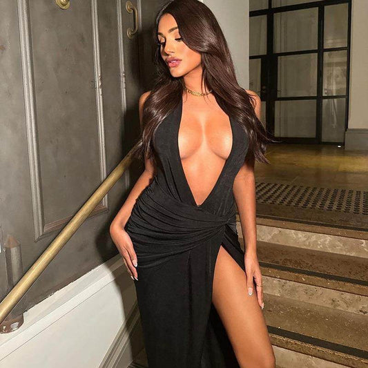 Solid Color Ultra Low Bosom Sexy Sleeveless Split Dress - Velora