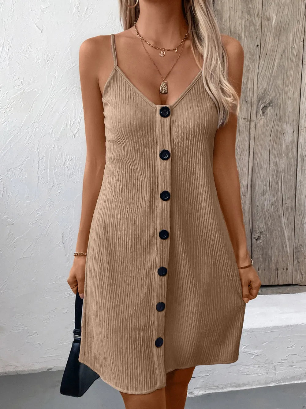 Ivy Lane Textured V-Neck Sleeveless Mini Cami Dress - Velora