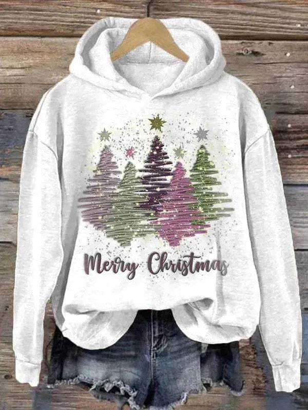 Round Neck Hooded Long Sleeve Four Christmas Trees Loose Hoodie Sweatshirt - Velora