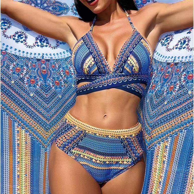 Women's Split Cross Strap Retro Ethnic Style Swimsuit - Velora