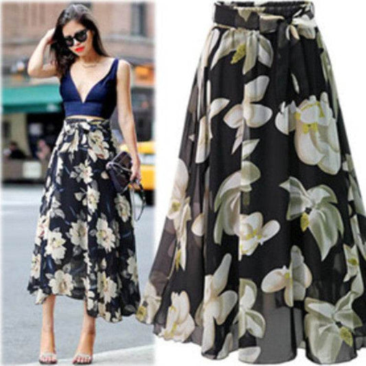 Women Formal Work Office High Waist Floral Midi Big Swing Chiffon Skirt - Velora