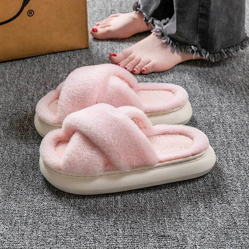 Women's Platform Fuzzy Home Slippers Winter Open Toe Criss-cross Solid Color Casual Floor Slides Indoor Flat Comfy House Shoes - Velora