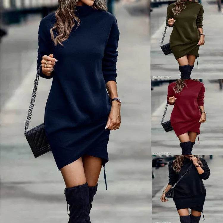 Long Sleeve Dress Solid Color High Neck Cross Short Cashmere Dress for Women - Velora