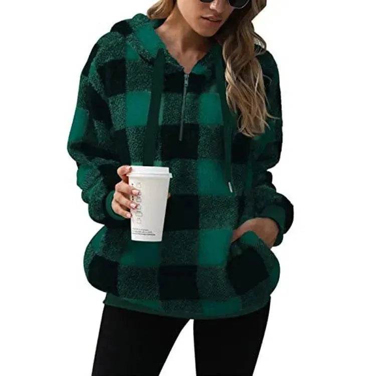 Casual Thick Fleece Plush half zip Plaid Hoodie Pullover top for women - Velora