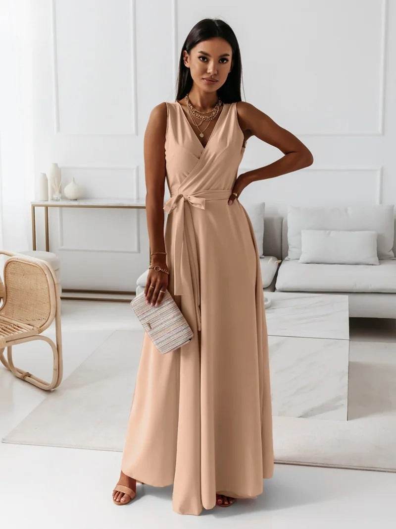 V-neck Sleeveless Dress With Belt Summer Fashion. - Velora
