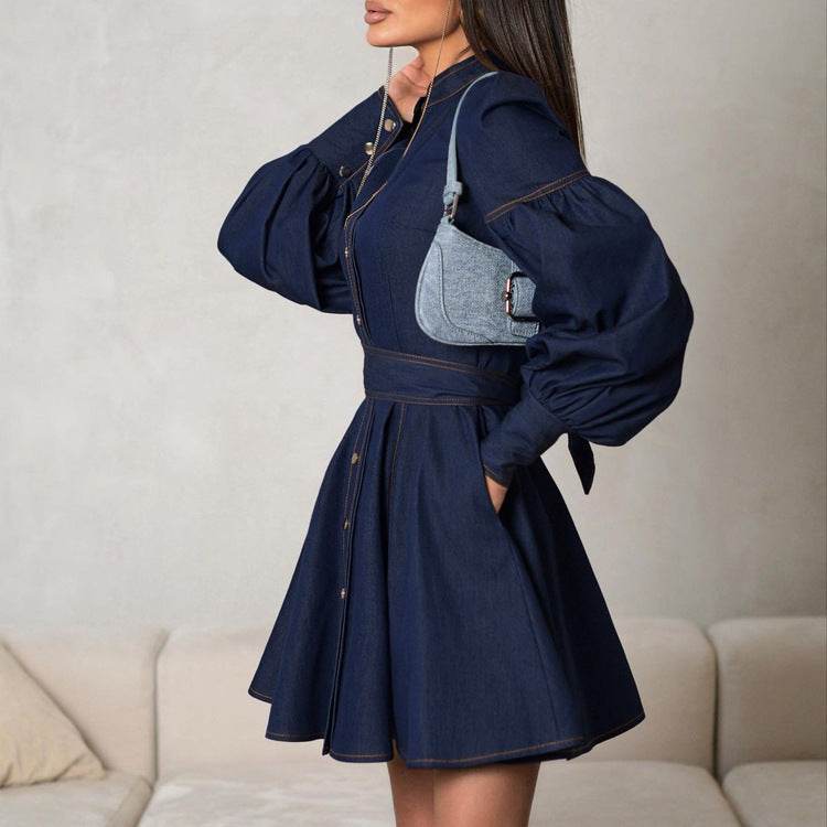 Classy Fashion Lantern Sleeve Button down Denim Shirt flared Mini Dress - Velora
