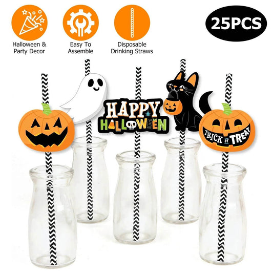 Set Of 25Pcs Halloween Party Striped Decorative Straws Disposable Drinking Straws Paper Straw Decor Happy Halloween Ghost Lantern Black Cat Halloween Party Supplies - Velora