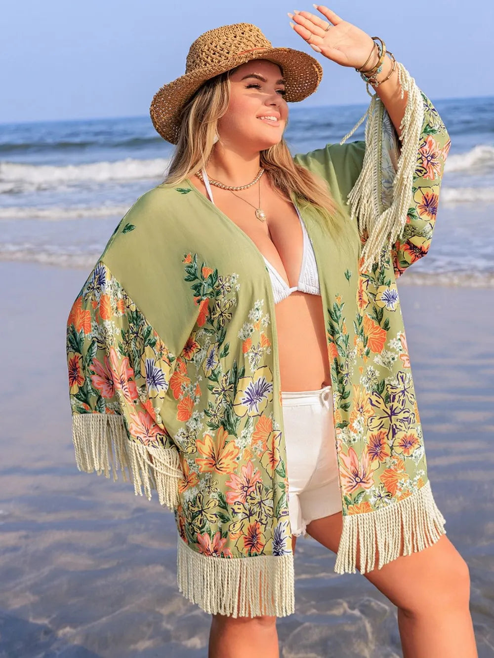 Plus Size Fringe Open Front Cover-Up - Velora