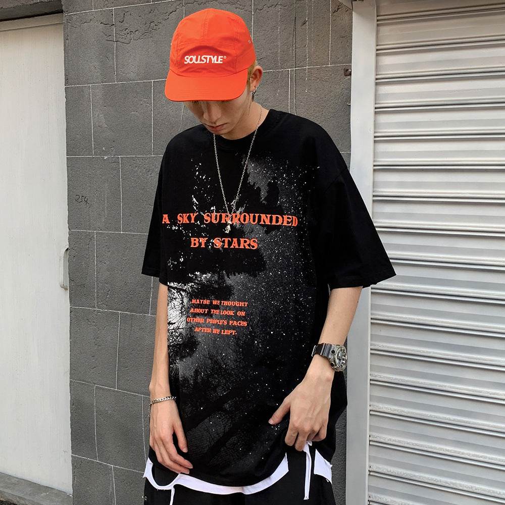 Starry Sky Letter Printed Short-sleeved T-shirt Men - Velora