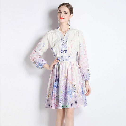 Elegant V-neck Vintage Floral Print Long Sleeves Dress Spring - Velora