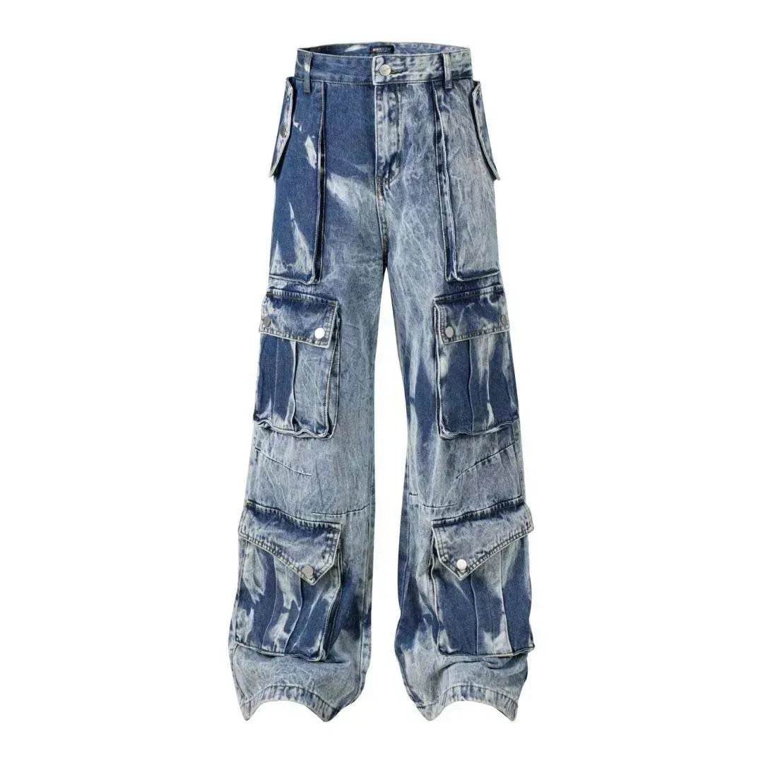 Street Retro Washed Distressed Tie-dye Multi-pocket Denim Trouser Unisex Baggy Cargo Denim Jeans Pants - Velora