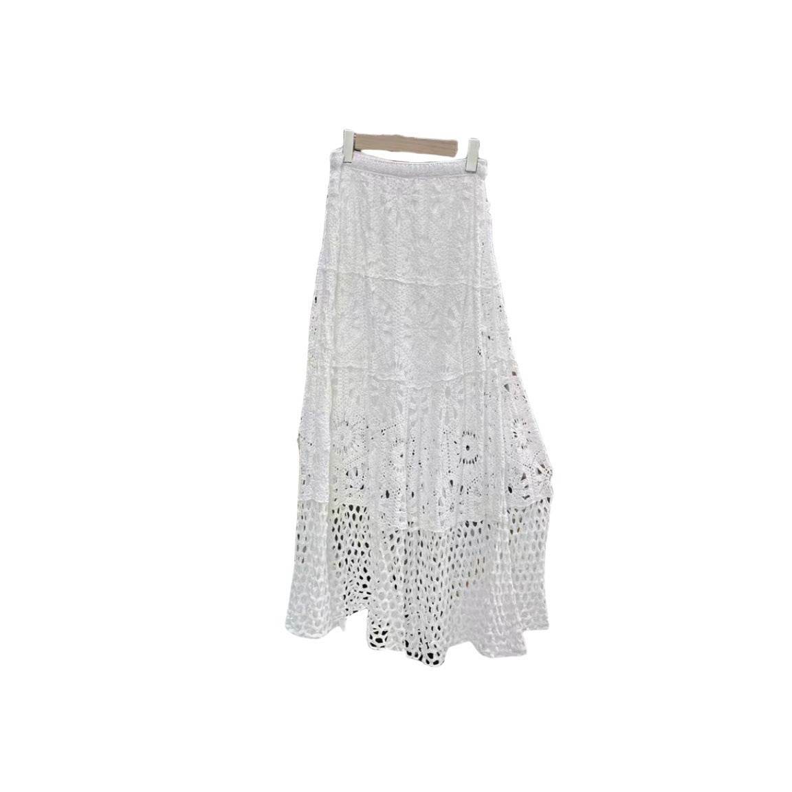 Spring Summer Crochet Lace Patchwork A- Line Beach Skirt Holiday Style Hollow-out flared flowy Maxi Skirt - Velora