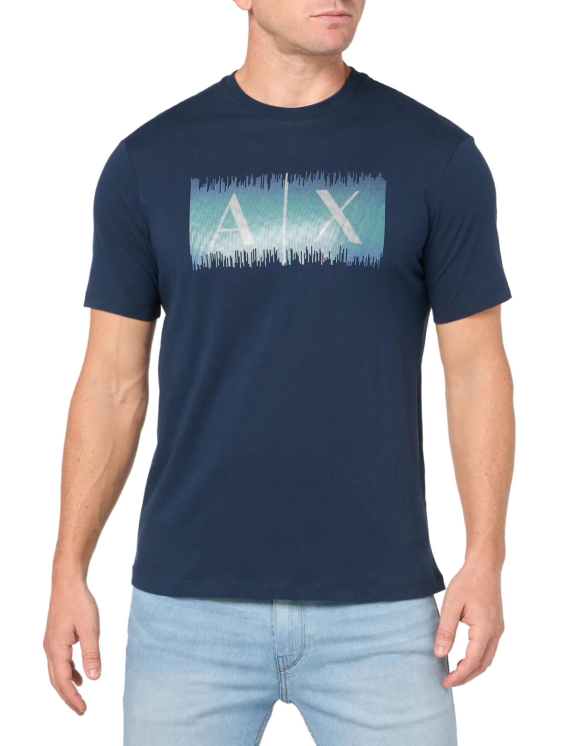 A | X ARMANI EXCHANGE Mens Regular Fit Cotton Colored Lines Box Logo Tee Navy Blazer - Velora Luxury Fashion