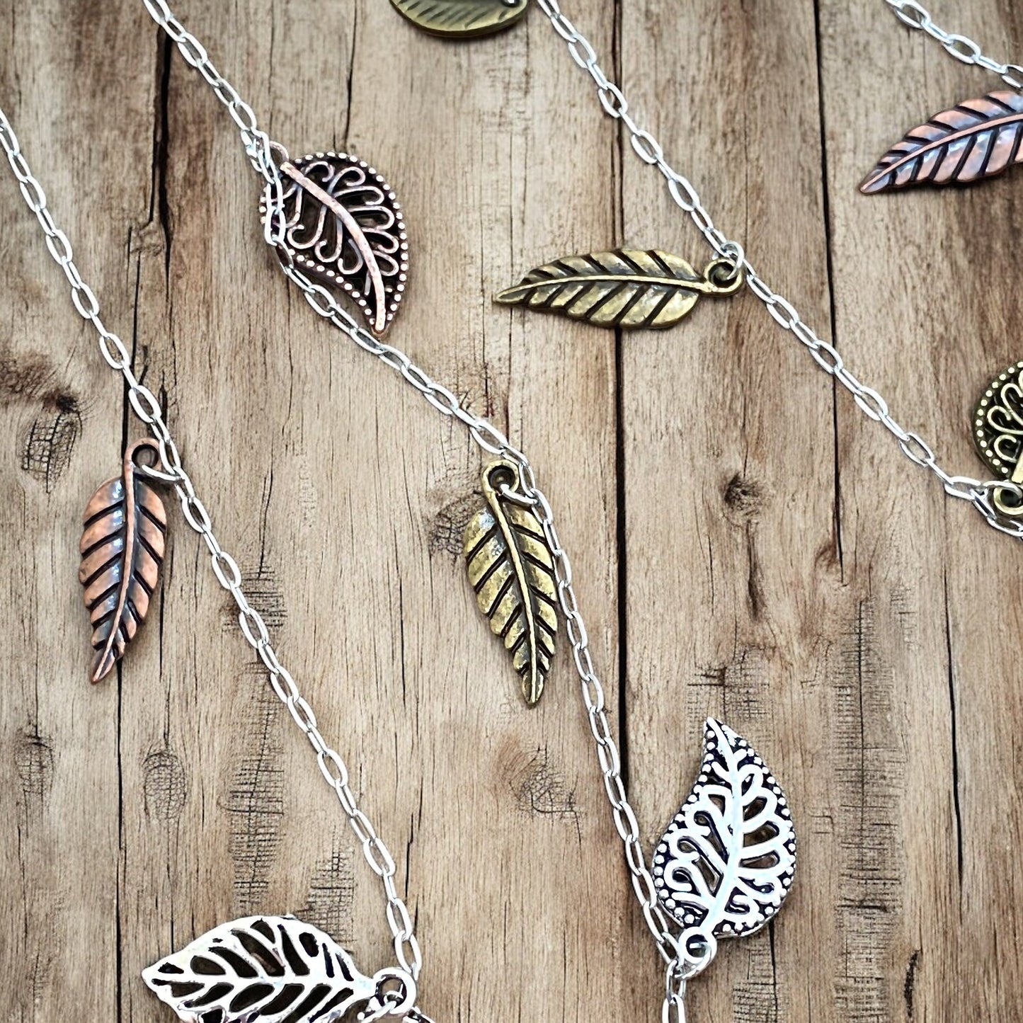 Waterfall Leaf Necklace – Long Layering Chain with Cascading Silver & Mixed Metal Leaves - Velora