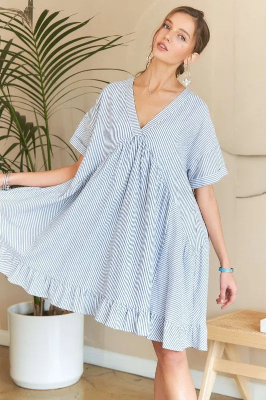 ADORA Ruffled Hem Striped V-Neck Babydoll Dress - Velora Luxury Fashion