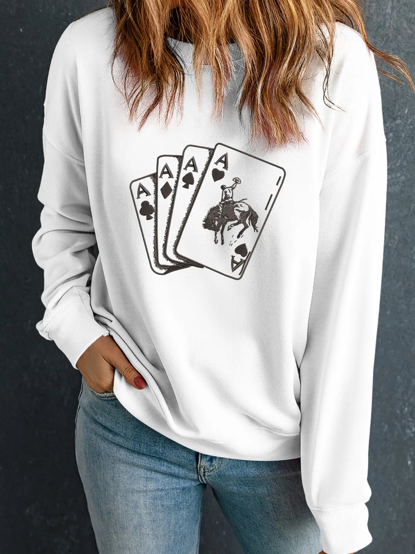Ace Card Cowboy Graphic Long Sleeve Sweatshirt - Velora Luxury Fashion